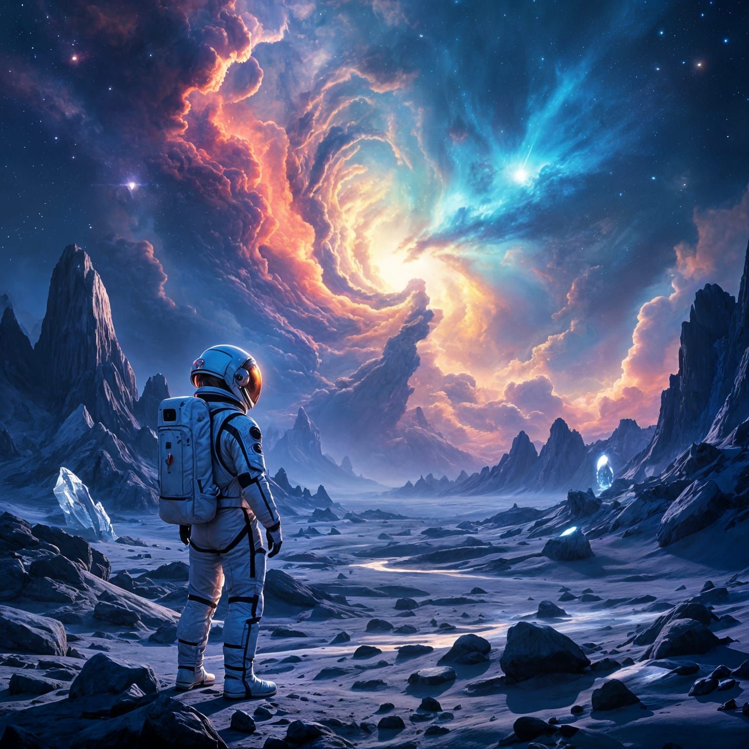 Astronaut Gazing at Nebula in Alien Landscape