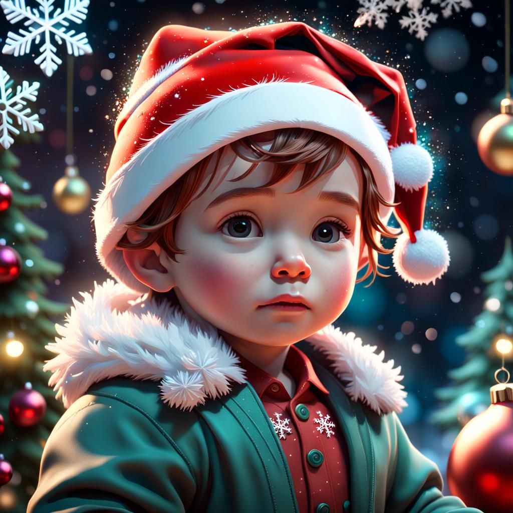 Toddler in Santa Hat: 3D Christmas Portrait