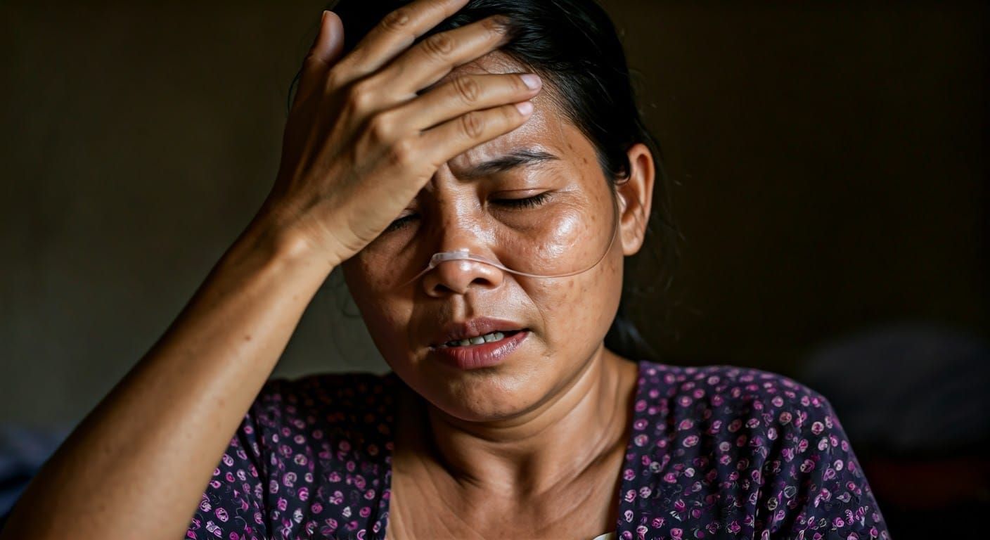 Distressed Woman with Medical Equipment in Dark Room