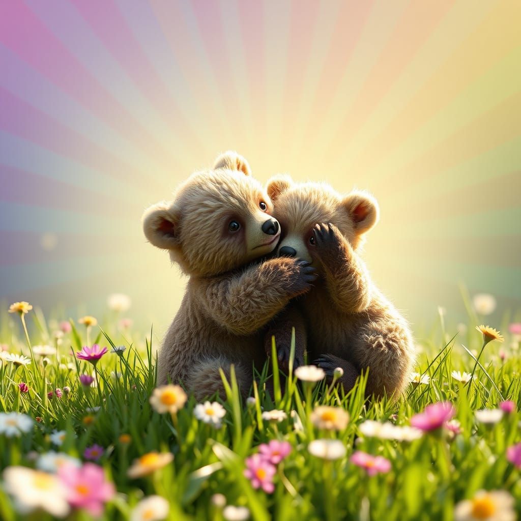 Cute Bear Cubs in a Vibrant Meadow Scene