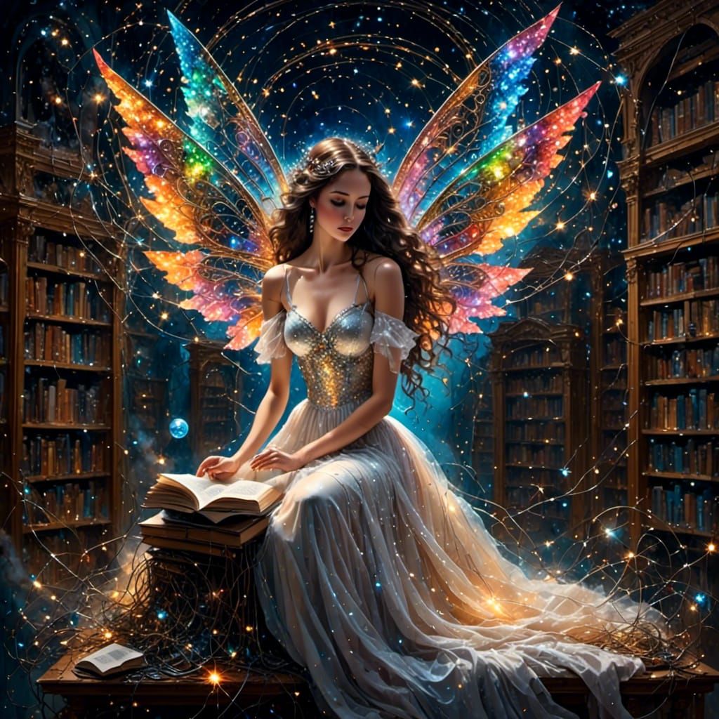 Fairy-Winged Woman Reads in Surrealist Library