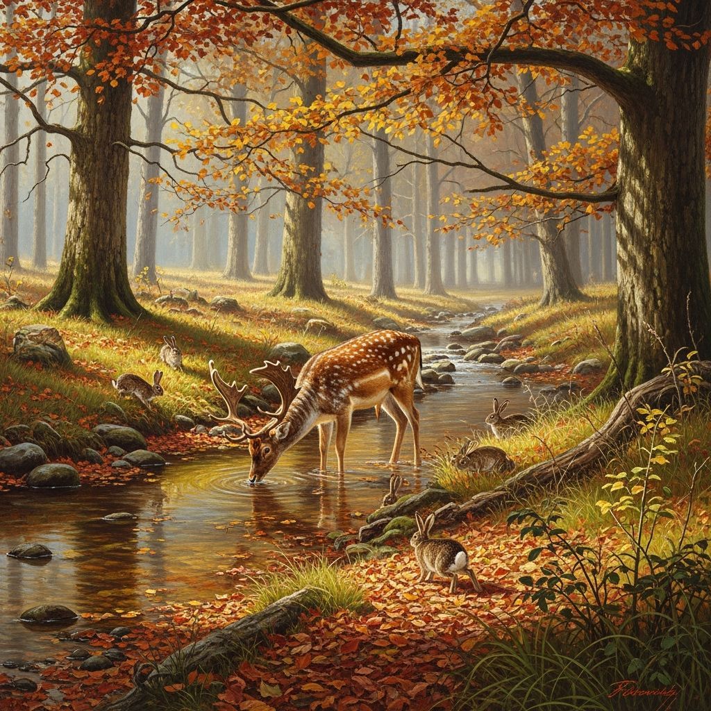 Fallow Deer Drinking in Sun-Dappled Autumn Woods