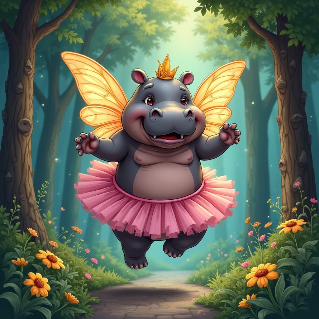 Whimsical Hippopotamus in Enchanted Forest