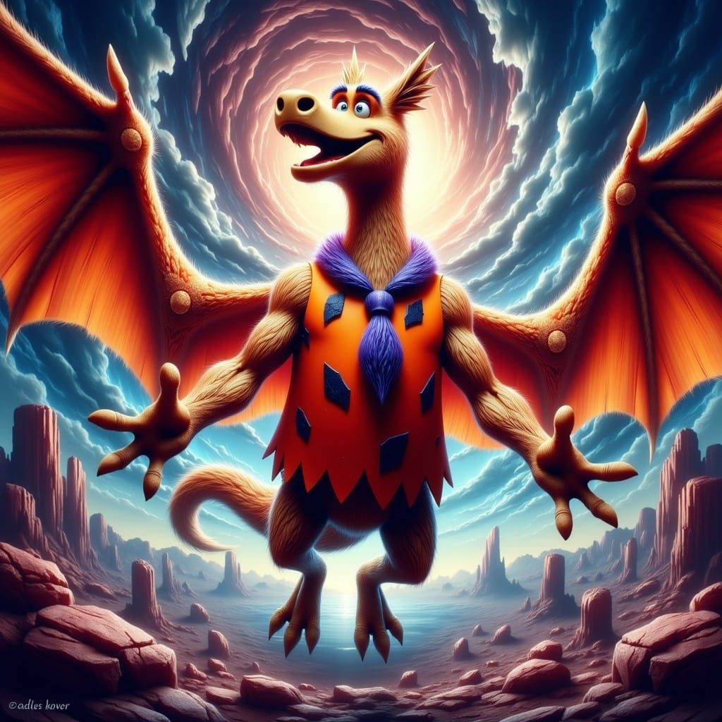 Fred Flintstone Rides a Pterodactyl in Cartoon Style
