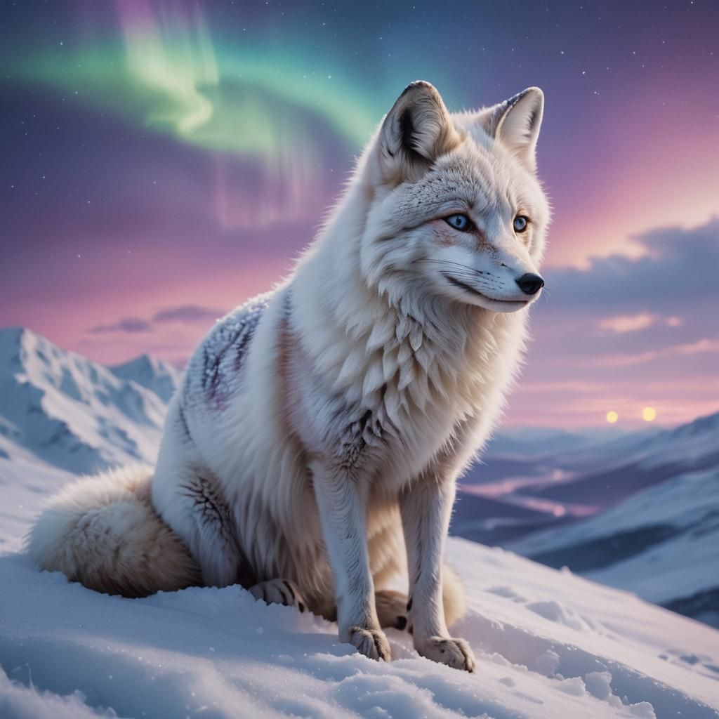 Snow Fox Gleaming Under Northern Lights