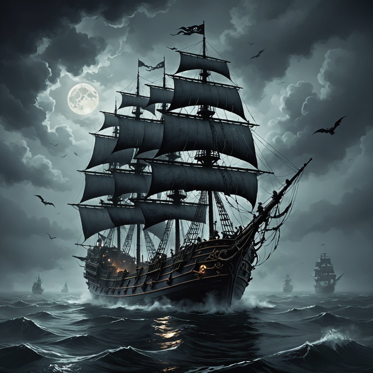Haunted Pirate Ship Sails Silently Through Misty Sea