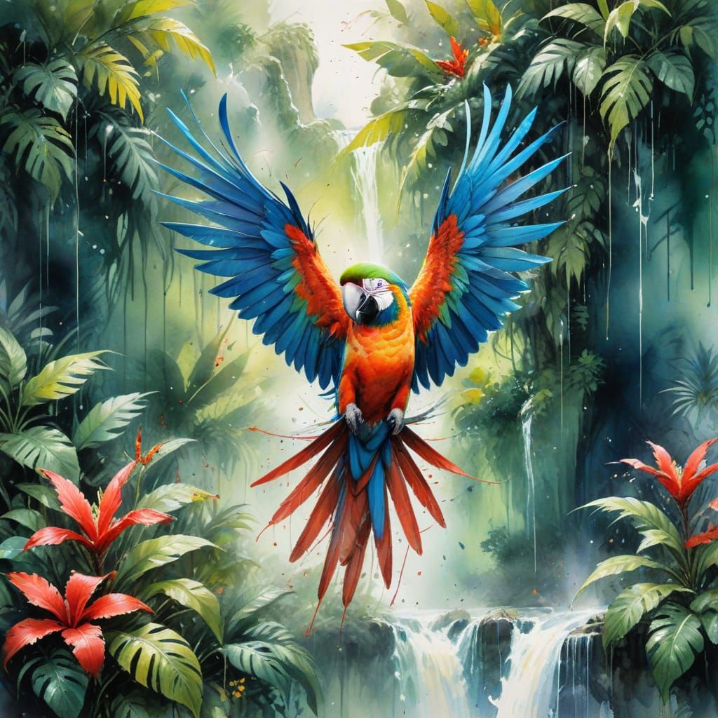 Macaw Soaring in Rainforest: Watercolor and Ink