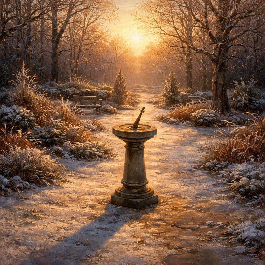 Stone Sundial in Winter Garden Oil Painting