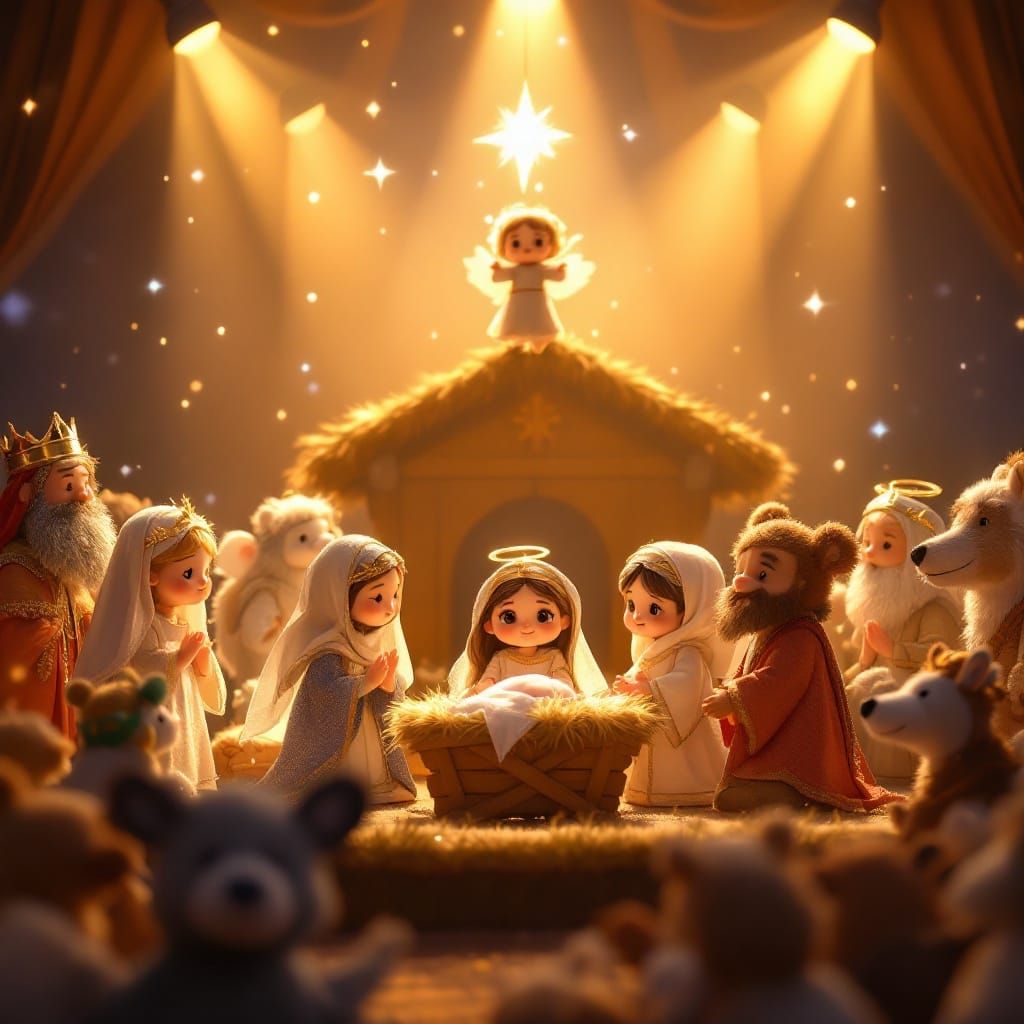 Joyful Christmas Pageant Scene with CGI Dolls and Festive Ba...