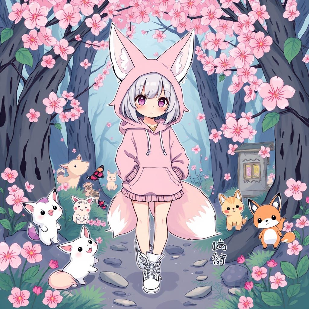 Whimsical Kemonomimi Girl Amidst Cherry Blossoms and Woodlan...