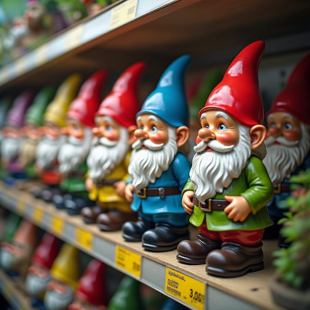 Hyperrealistic Garden Gnomes on a Store Shelf