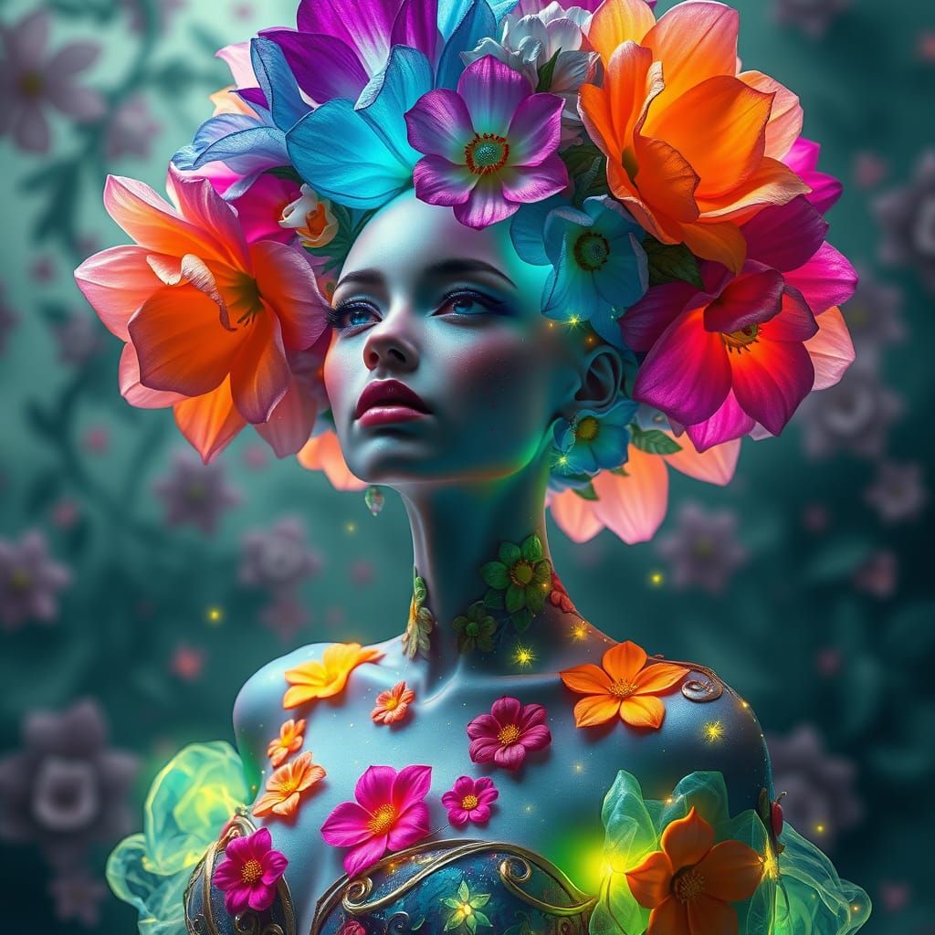 Ethereal Goddess in Floral Cyberpunk Costume