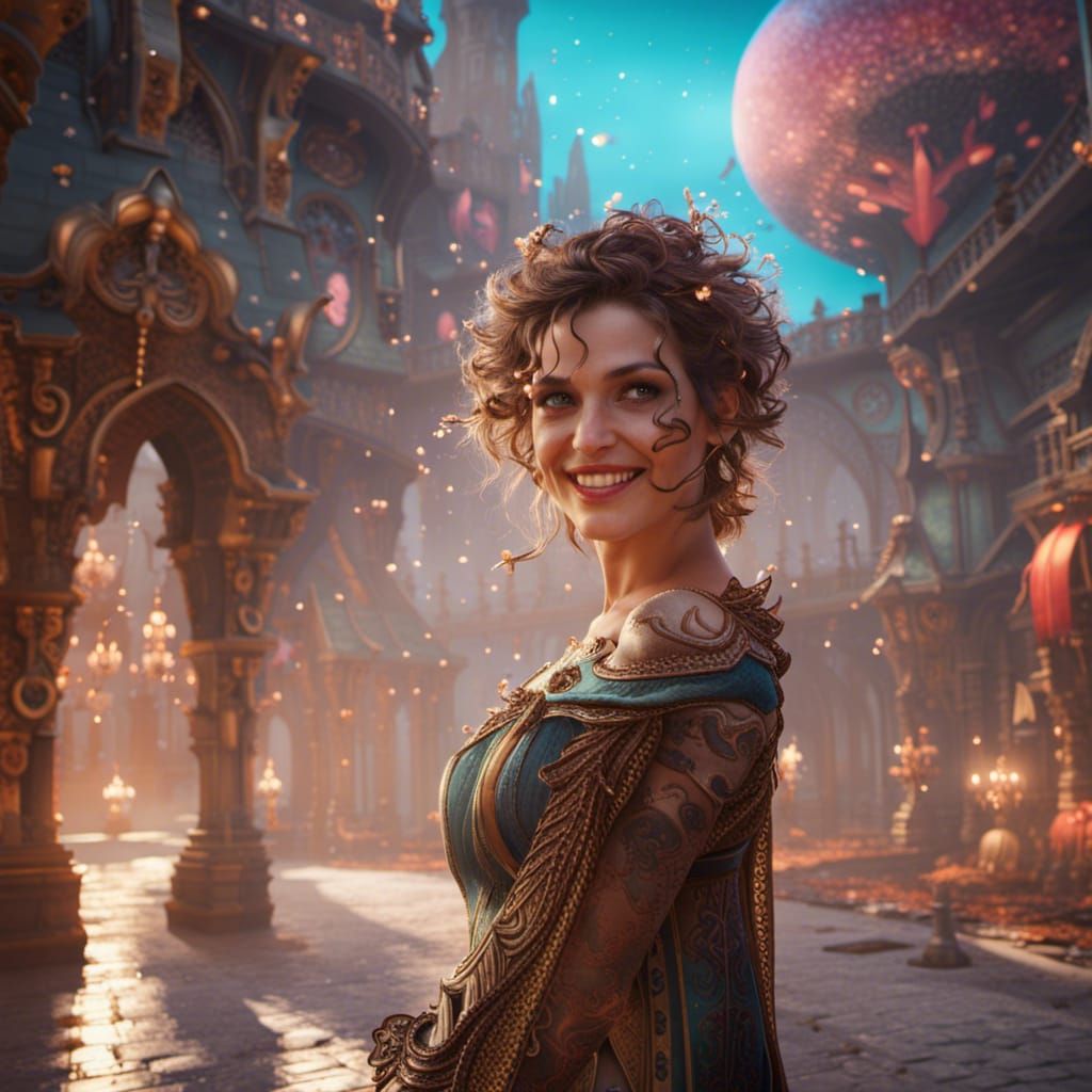 Fantastical Woman Smiling in Detailed Matte Painting