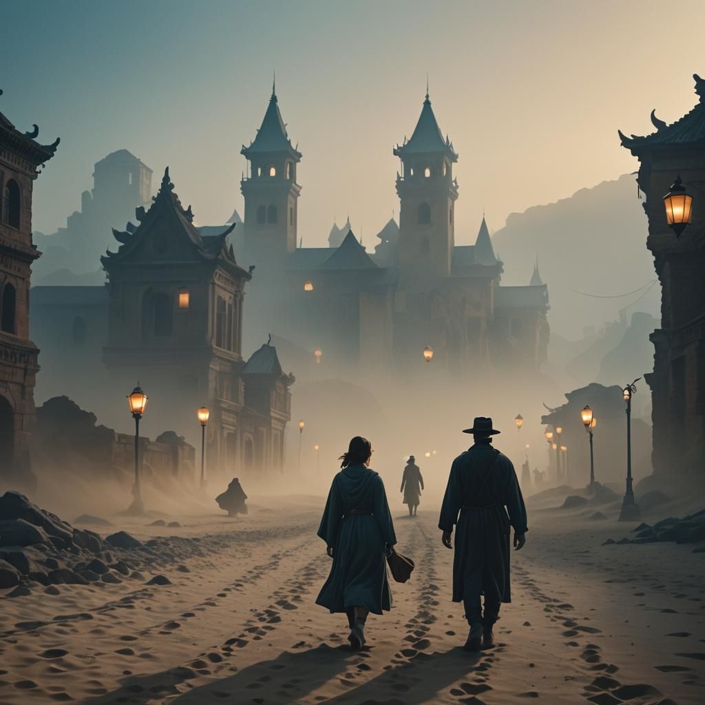 Figure Walks Through Misty Sand City