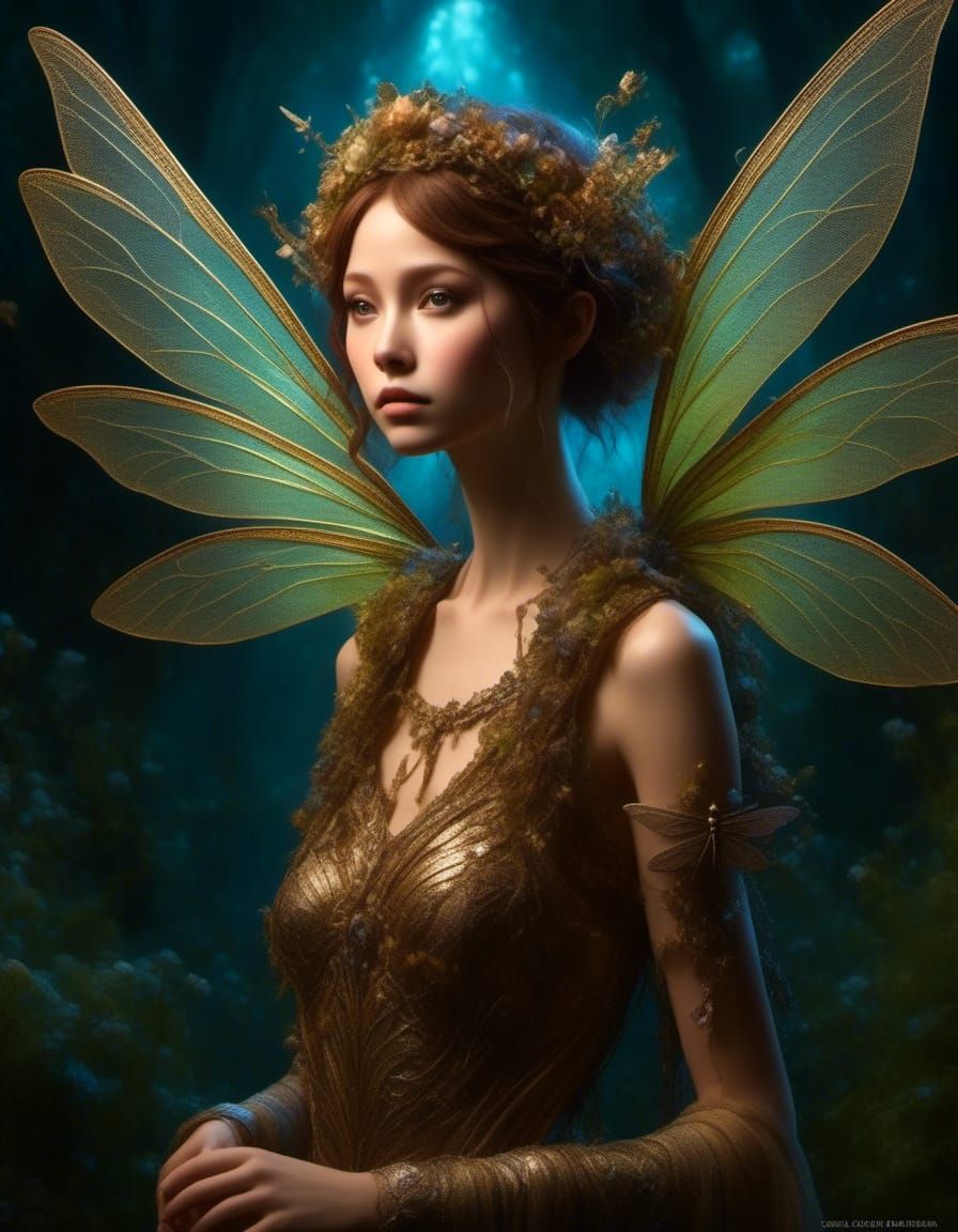 <lora:Astral Illusionism:1.0>A whimsical fairy with short-braided brown hair and large iridescent dragonfly-like wings (...