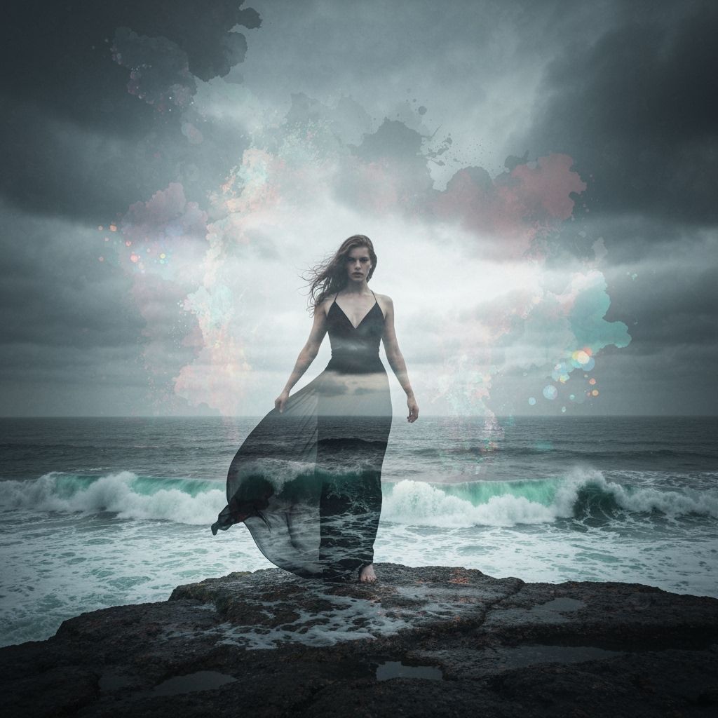 Ethereal Woman Overlooking Stormy Seascape