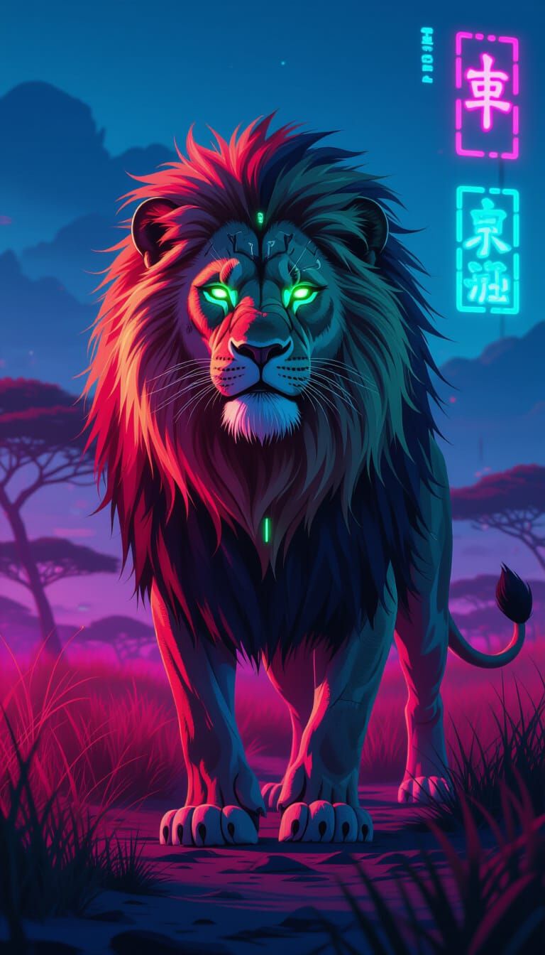 Cybernetic Lion Surveys Neon Savanna in Anime Style