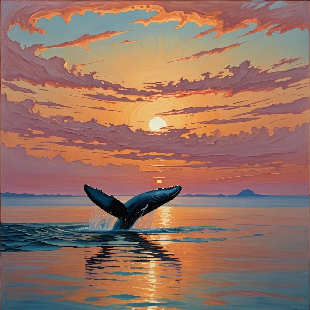 Whale Watching Sunset in Surrealist Style