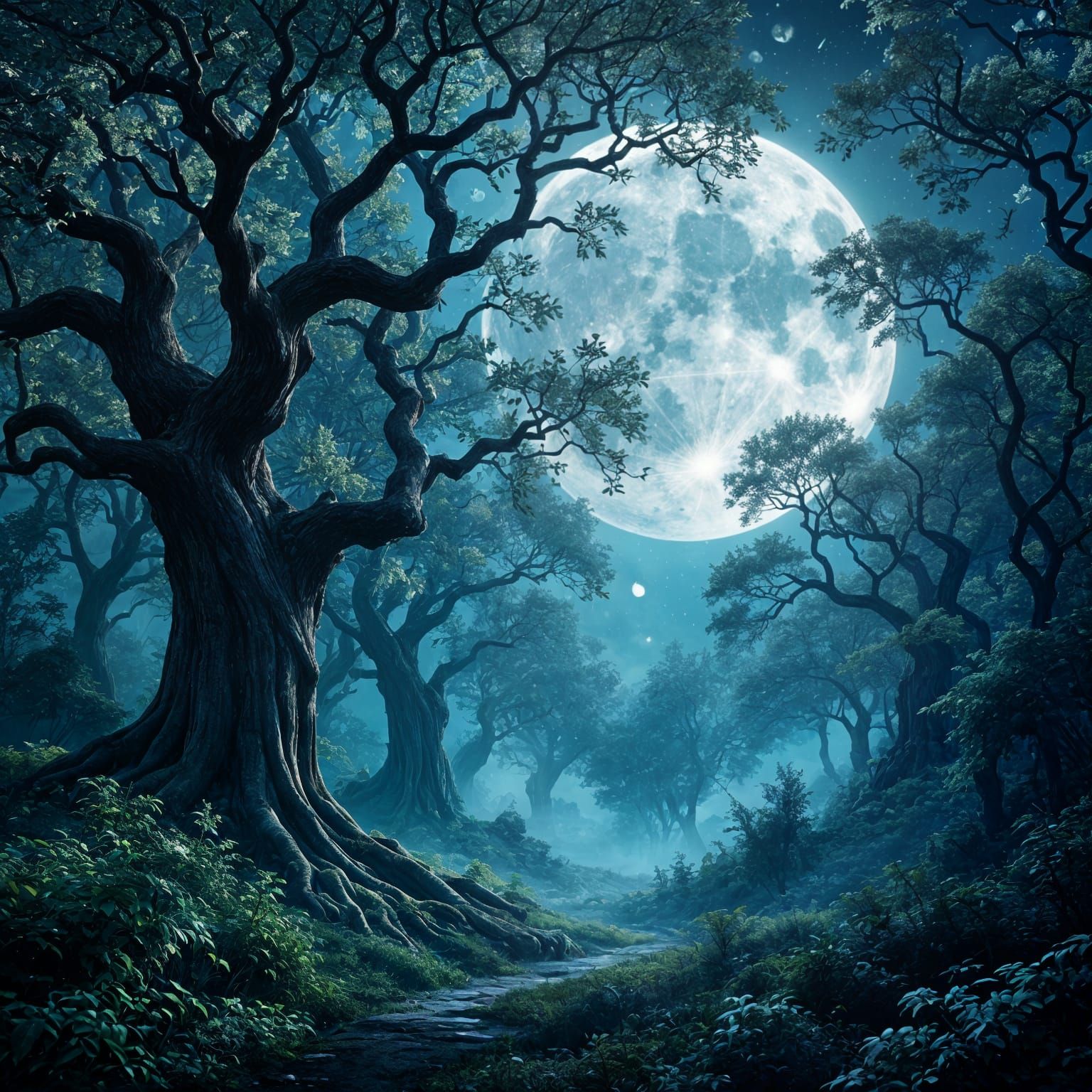 Hidden Forest Grove Under Full Moon