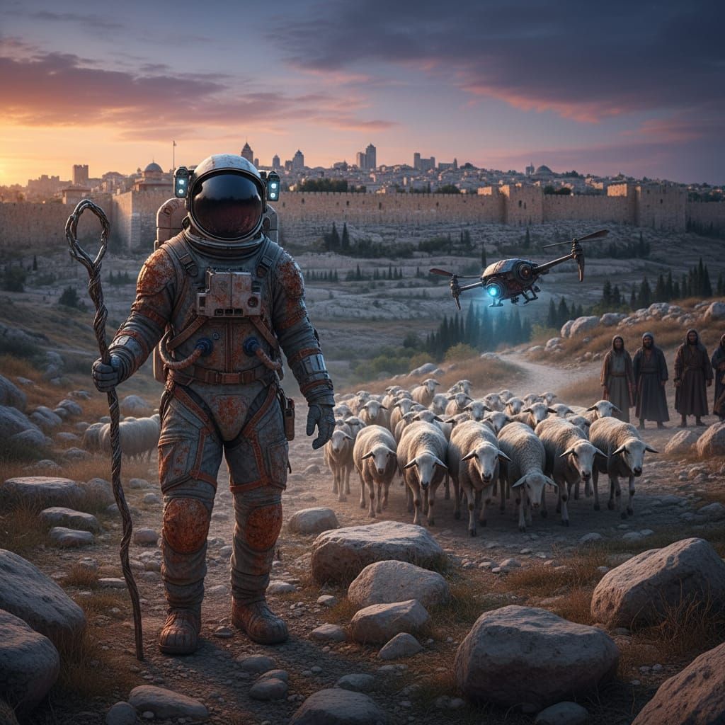 Astronaut Herding Sheep Near Jerusalem in Biblical Times