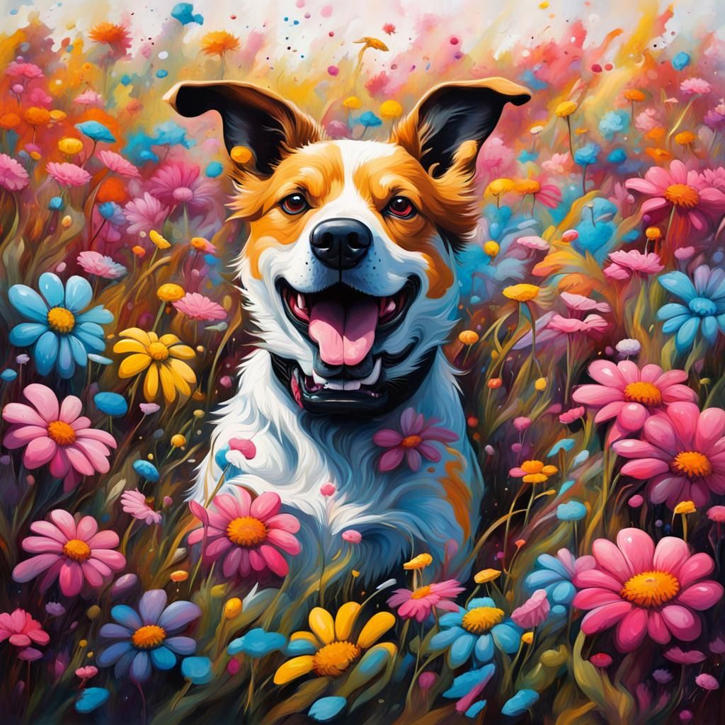 Dog in Flower Field: Graffiti Splash Art