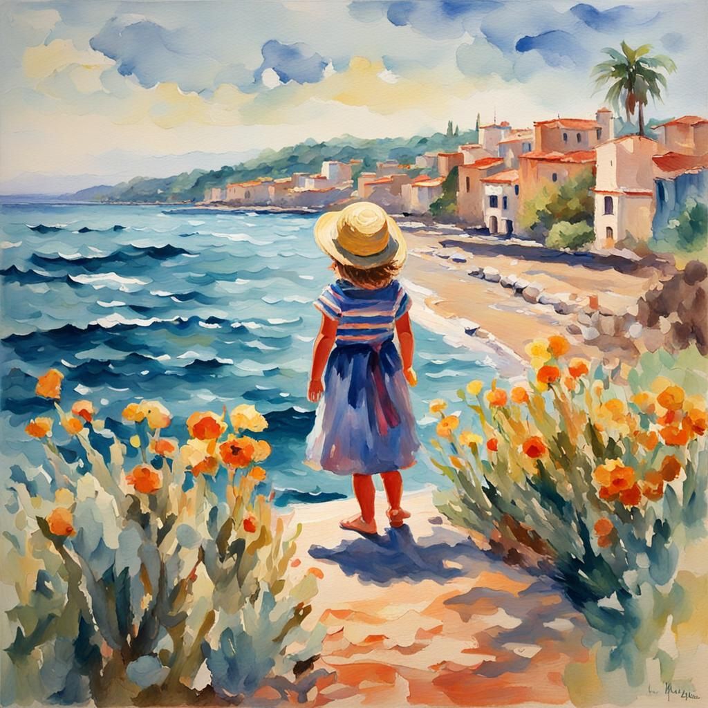 Girl Gazing at the Coast in Gouache Style