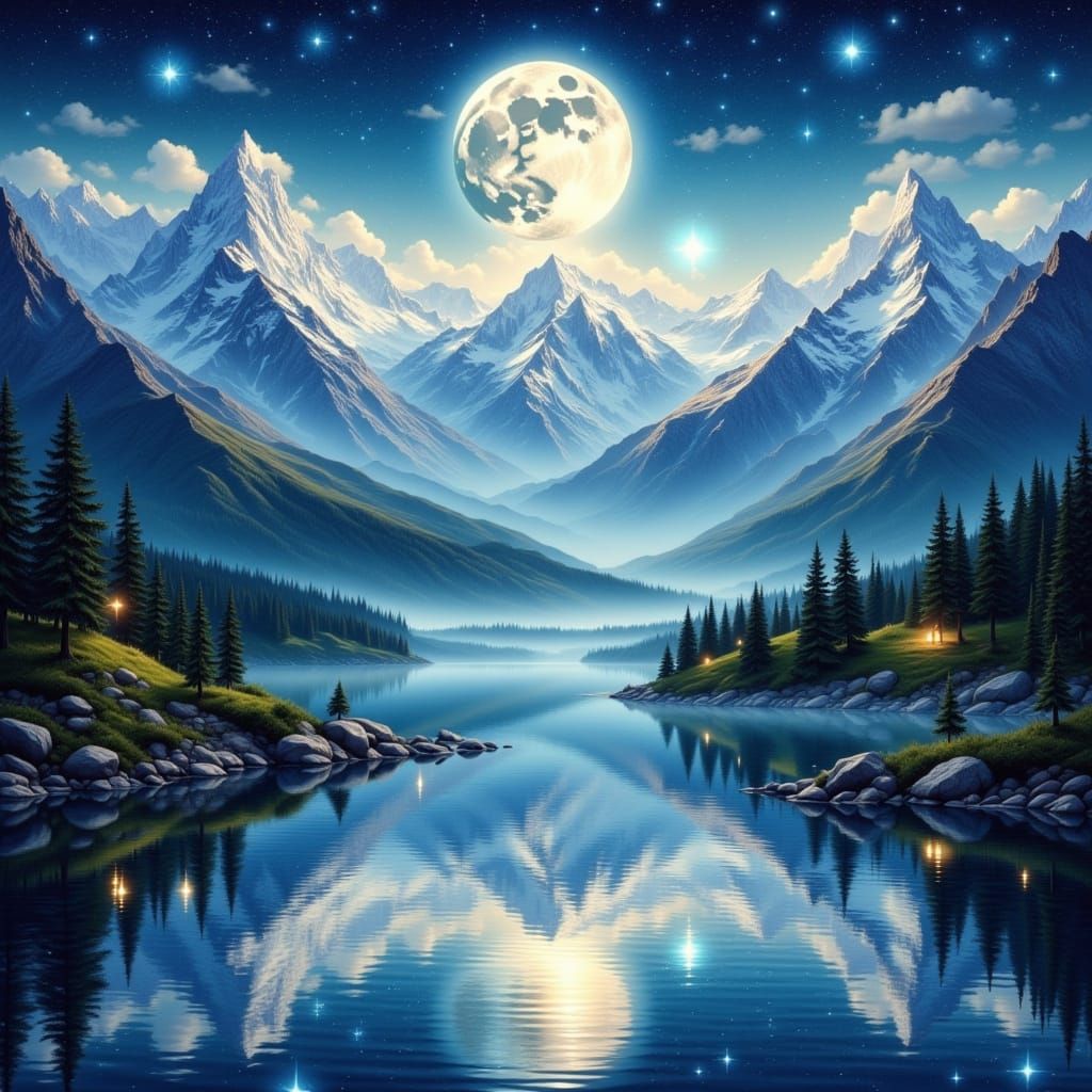 Baroque Watercolour Landscape with Majestic Mountains and Fu...