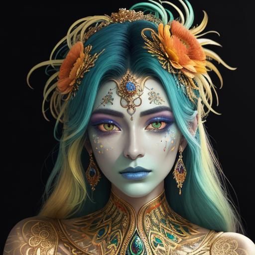 Regal Woman with Gold Skin and Peacock Feathers