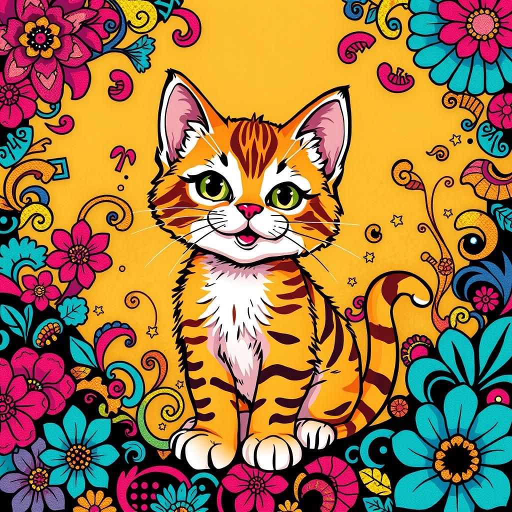 Whimsical Kitten Illustration in Lisa Frank Style