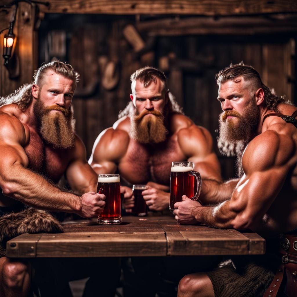 Vikings Enjoying Red Beer in Traditional Inn