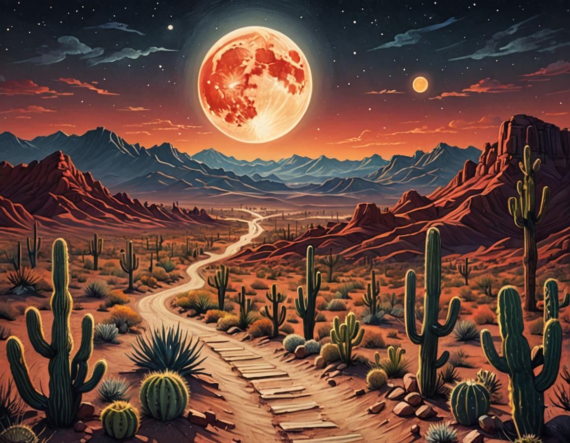 Desert Scene with Red Moon, Chalk Art