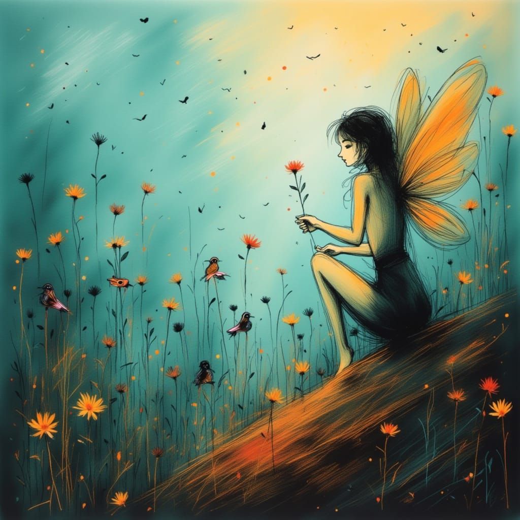 Teal and Gold Fairy Picking a Red Flower