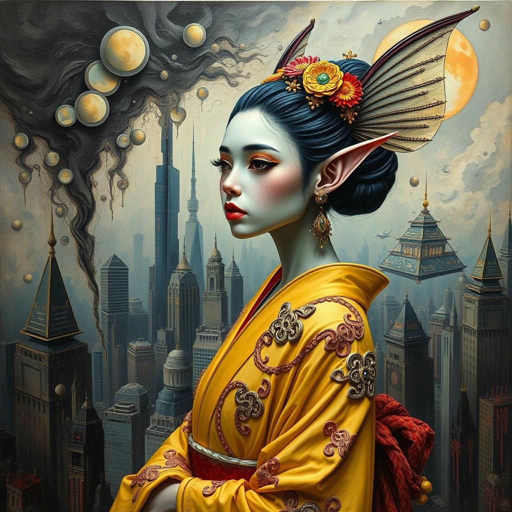 Geisha Fairy in Dystopian Cityscape, Impasto Style
