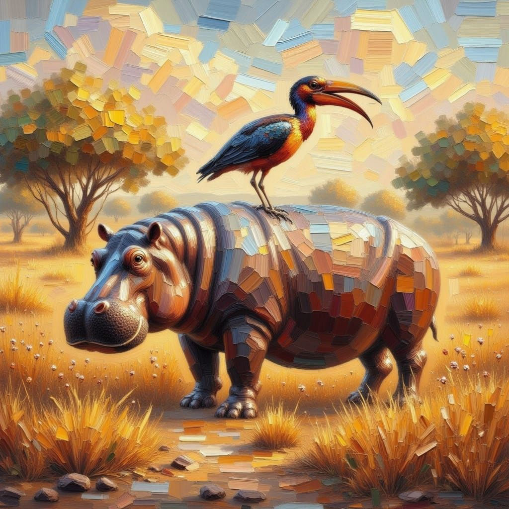 Hornbill and Hippo in Savannah, Impasto Painting