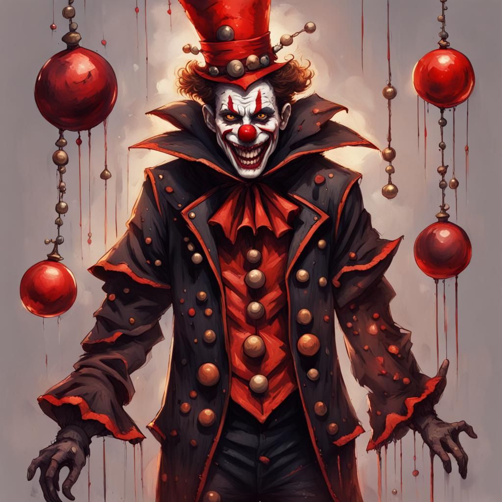 Sinister Jester Clown with Burn Scars and Red Eyes
