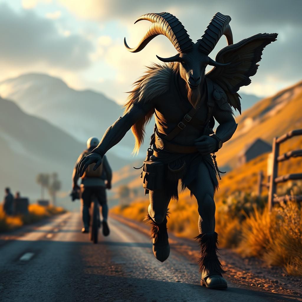 Goat-Man Hitchhiking on Country Road: Fantasy Concept Art