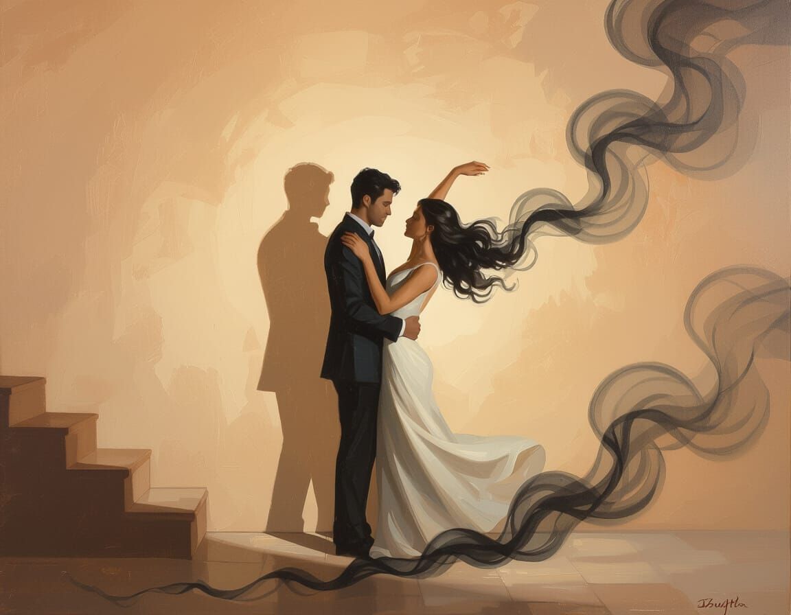 Impressionistic Oil Painting of Dancing Couple's Smoke Shado...