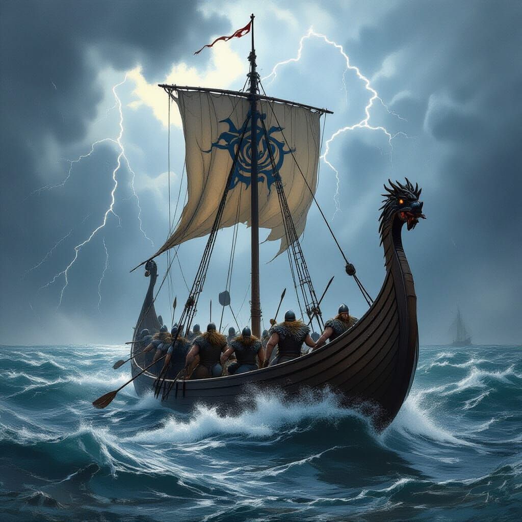 Viking Longship Sailing Stormy Sea: Charcoal Drawing
