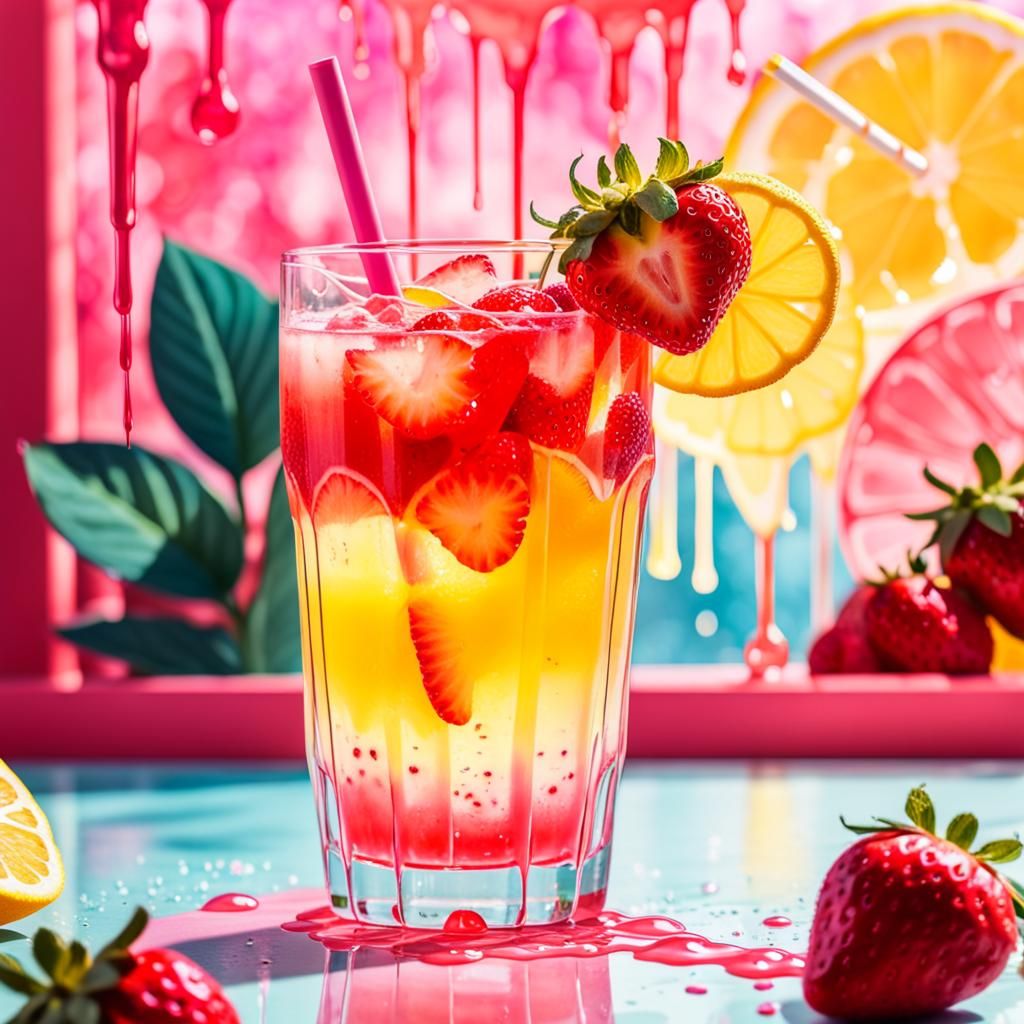 Vibrant Strawberry Lemonade with Watercolor Background