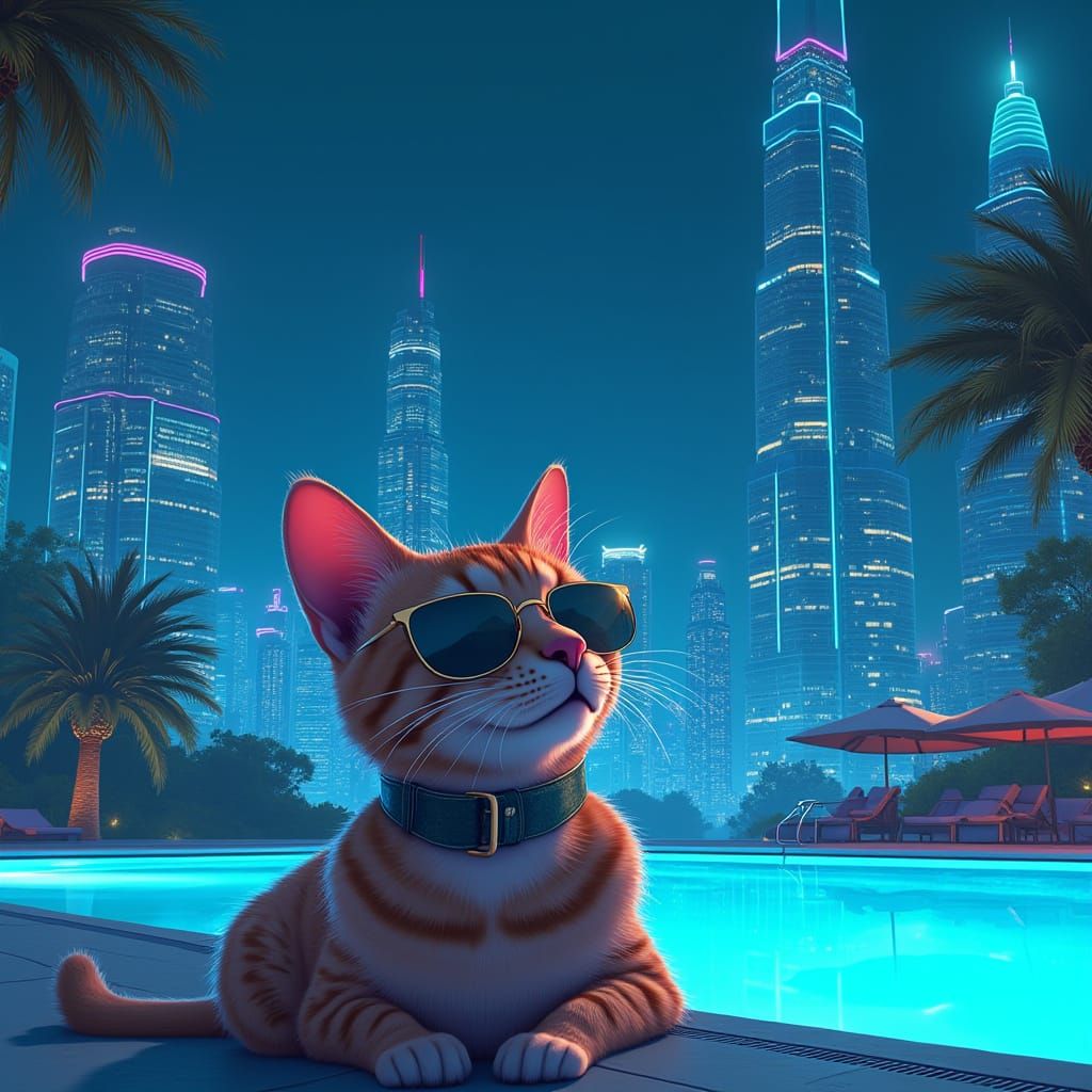 Cat with Sunglasses in Futuristic Cityscape