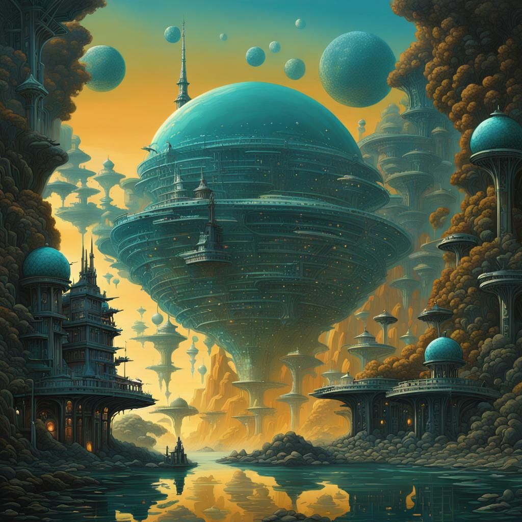 Futuristic Teal and Silver Floating Structures