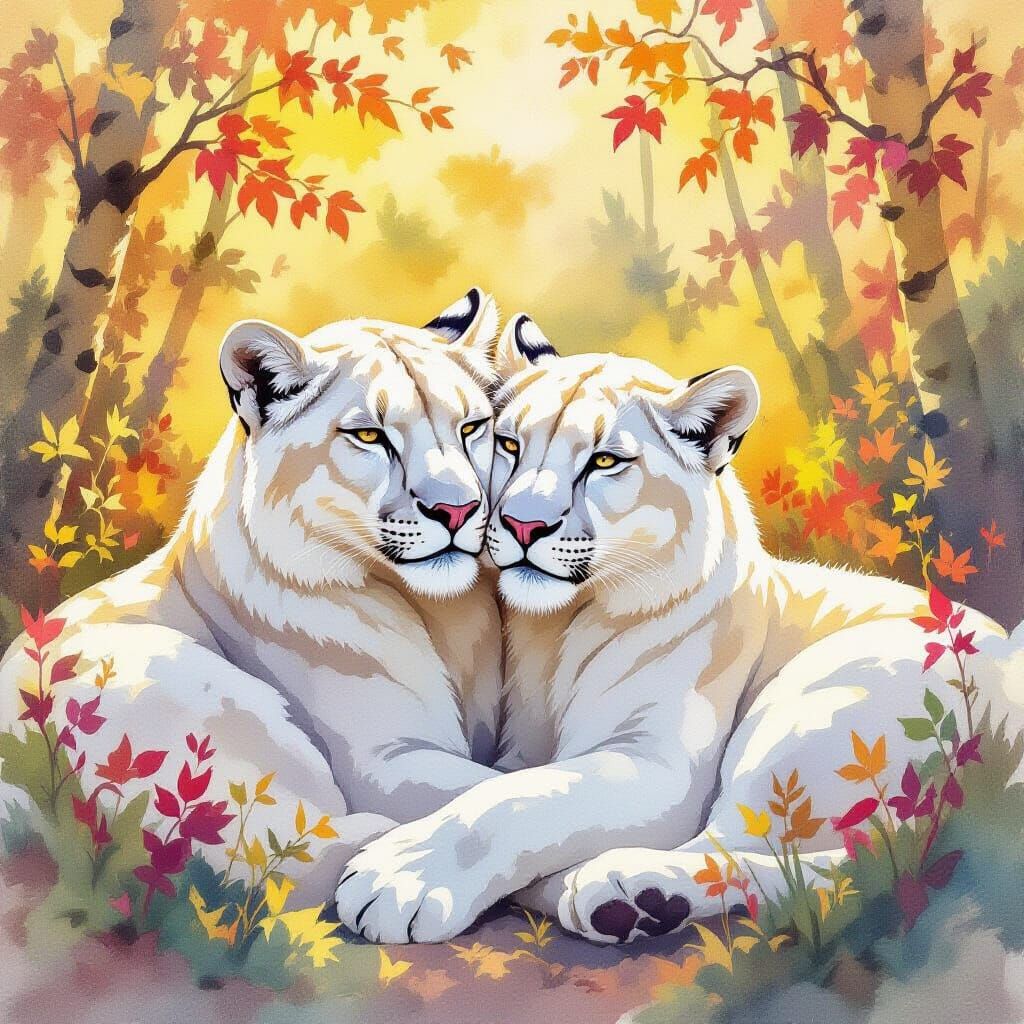Watercolor Mountain Lions Cuddle in Sunlit Forest