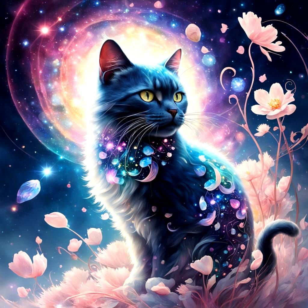 Ethereal Cosmic Cat with Tactile Petal Textures