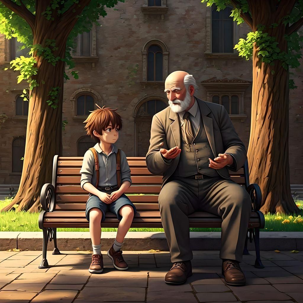 Boy and Grandpa in Italian Park, Anime Style