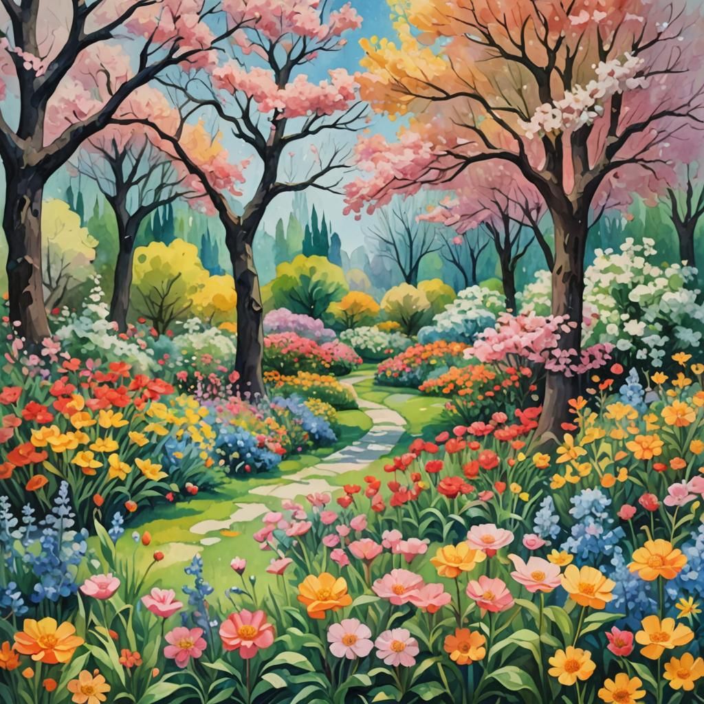 Blooming Garden in Impressionist Gouache and Watercolor