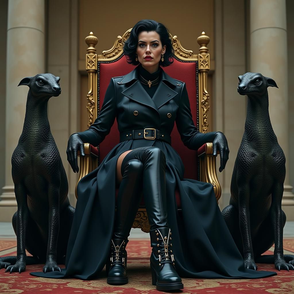 Woman in Leather on Throne with Basilisks