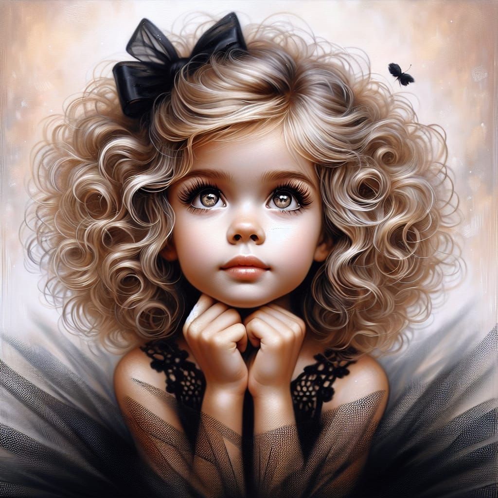 Airbrush Painting of a Girl with Black Tulle Bow
