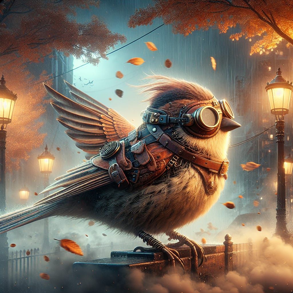 Steampunk Sparrow in Autumn Twilight Oil Painting