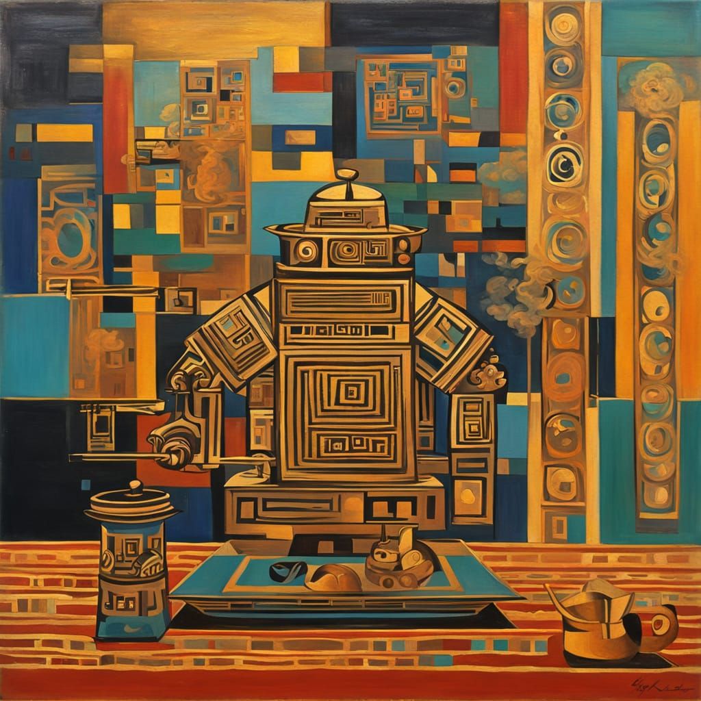 Robot Tea Ceremony in Abstract Expressionist Style