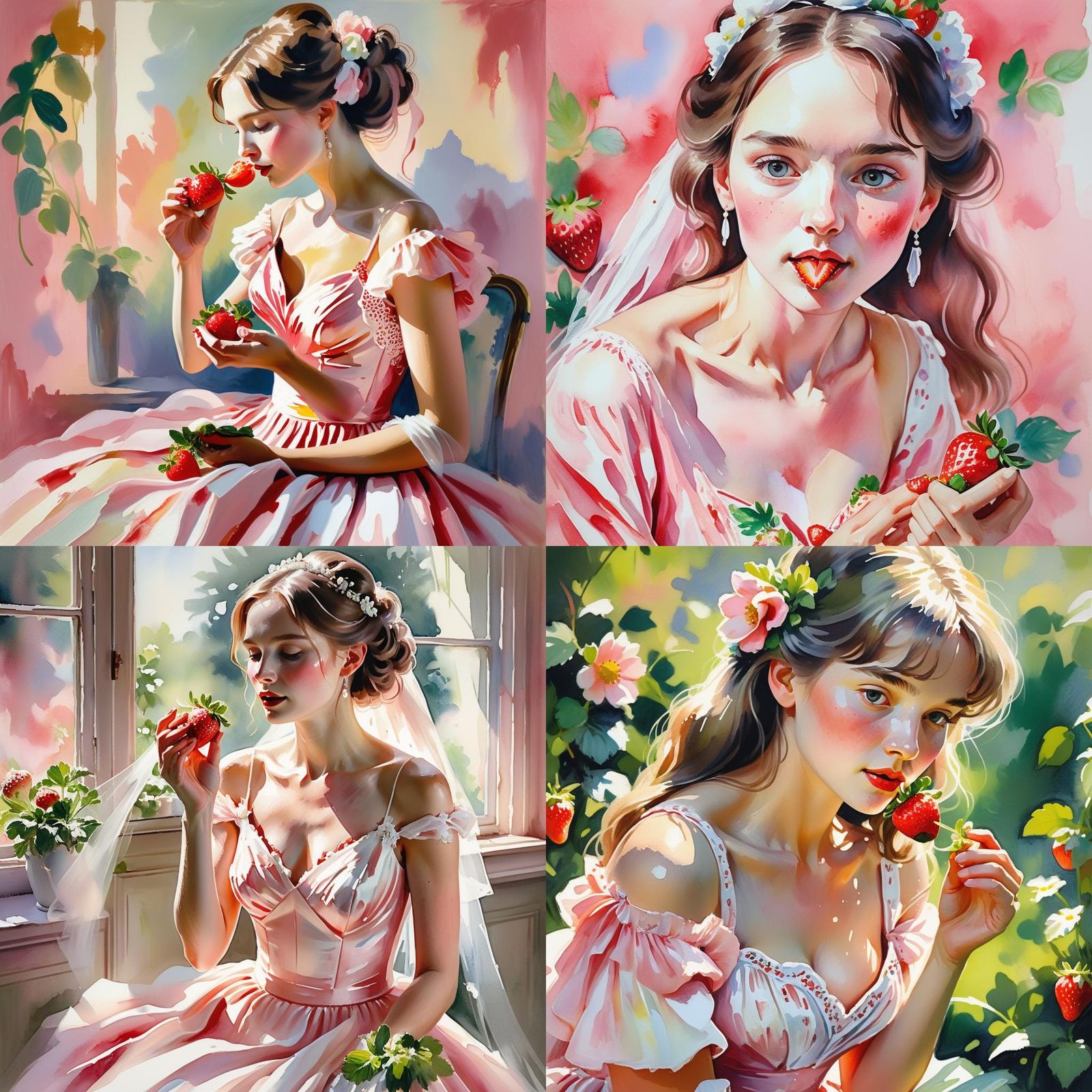 Woman in Pink Dress Eating Strawberry, Gouache Style